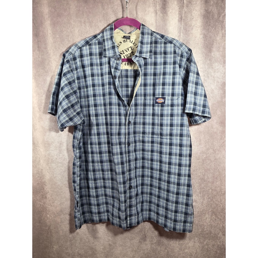Dickies Mens‎ XL Short Sleeve Plaid Button Down Shirt Navy Blue White Workwear
